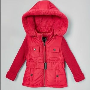 Fuchsia sweater-sleeve hooded zip up coat